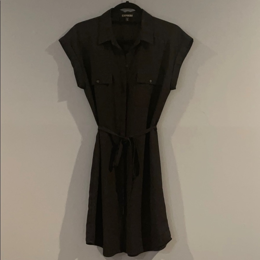 Express Pocket Shirt Belted Dress, Medium, Black